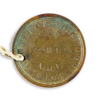 (CIVIL WAR--NEW HAMPSHIRE.) Identification tag of a Northfield soldier.                                                                          